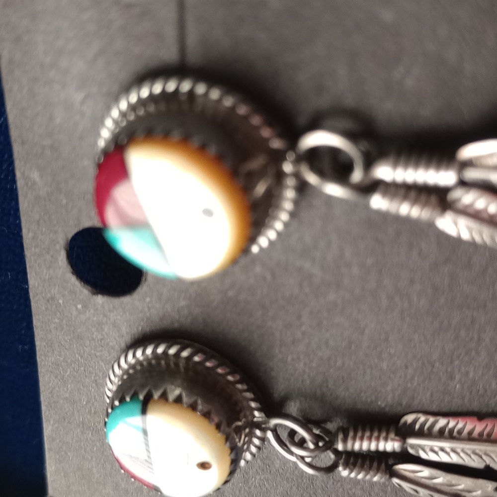 Sterling Silver Feather Earrings with SunFace Multicolor Inlay Studs Signed PH - Picture 14 of 15